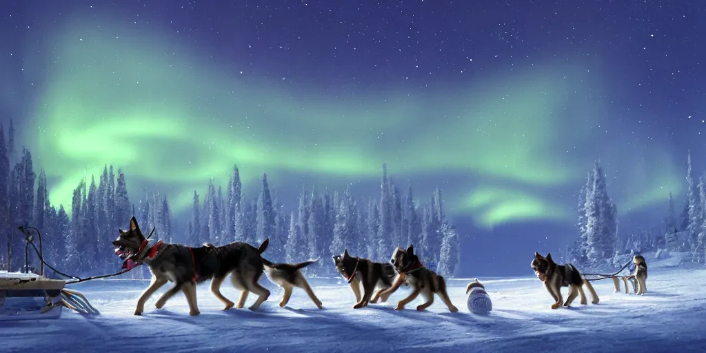 Image similar to a winter scene at night, northern lights, dog sled team, matte painting, high quality, trending on artstation