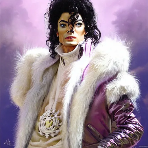 Image similar to beautiful fantasy character portrait, michael jackson, wearing pink puffy bomber jacket with white fur, by peter mohrbacher, hajime sorayama, wayne barlowe, boris vallejo, aaron horkey, gaston bussiere, craig mullins