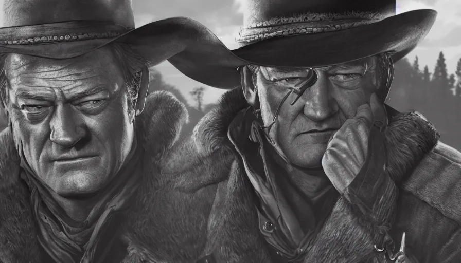 Prompt: John Wayne is Arthur Morgan in Red Dead Redemption 2, hyperdetailed, artstation, cgsociety, 8k