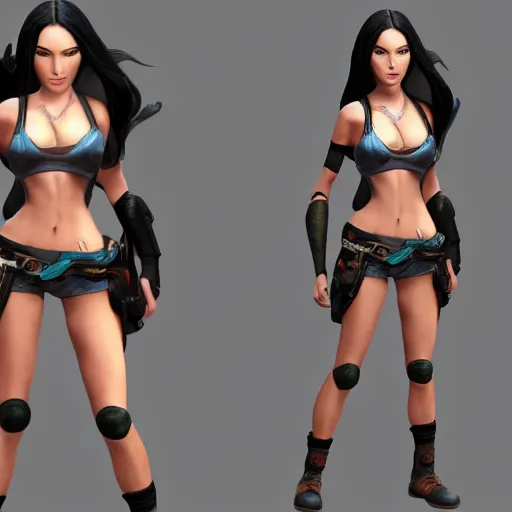 Image similar to character sheet of Megan Fox as a character in the game League of Legends, with a background based on the game League of Legends, 3d render, octane render, iRay, ray tracing, realistic, highly detailed, trending on artstation, 4k, cgsociety, unreal engine 5, redshift render, blender cycles, behance, cg