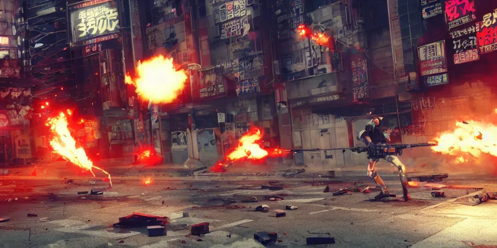 Prompt: 1991 Video Game Screenshot, Anime Neo-tokyo Cyborg bank robbers vs police shootout, bags of money, Police officer hit, Bullet Holes and Blood Splatter, Hostages, Smoke Grenade, Sniper, Chaotic, Cyberpunk, Anime VFX, Machine Gun Fire, Violent, Action, Fire fight, FLCL, Free-fire, Highly Detailed, 8k :4 by Katsuhiro Otomo + Studio Gainax + Arc System Works : 8