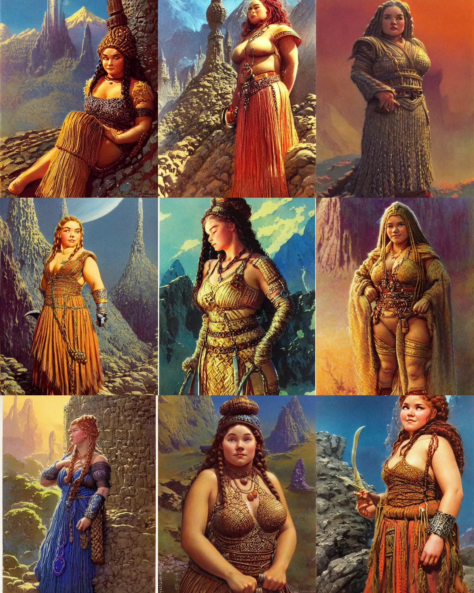 Prompt: female dwarven noblewoman, chubby short stature, braided intricate hair, by bruce pennington