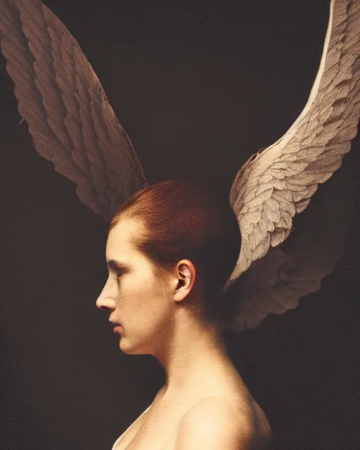 Image similar to a woman's face in profile, made of wings, in the style of the dutch masters and gregory crewdson, dark and moody