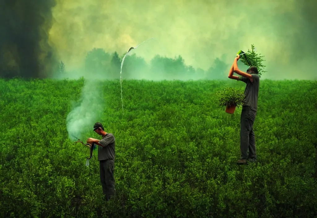 Prompt: a man watering the last plant on earth as the world burns, green leaves, apocalyptic background, smoke, doomsday art