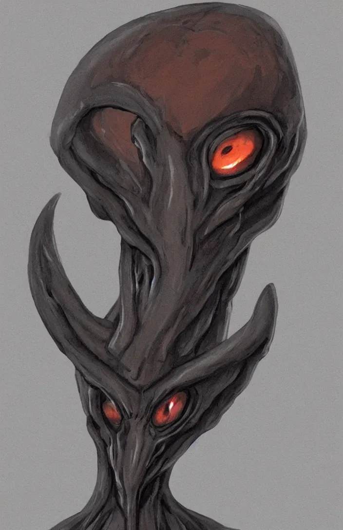 Image similar to concept art of a dark grey skinned humanoid squid man, lovecraftian, alien like, dark grey skinned, long faced, in dark clothes in a dark room, orange eyes, elegant, angry, facing the viewer