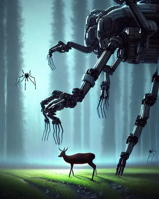 Prompt: Epic sci-fi Art depicting a deer grazing in the forrest with a giant spider robot in the background by John Stephans Hyper detailed digital matte painting, concept art, hyperrealism, Cinema 4D, 8k resolution, 64 megapixels, coherent, bokeh, CGSociety, ZBrush Central, behance HD, hypermaximalist, a masterpiece, 4K