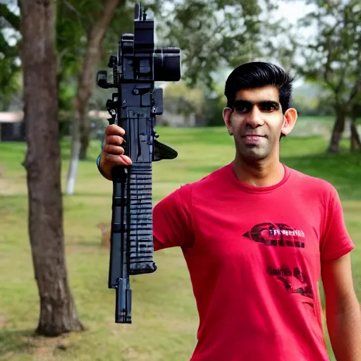 Image similar to Medium shot photograph of Rishi Sunak holding an ar-15, 8k, ultrahd