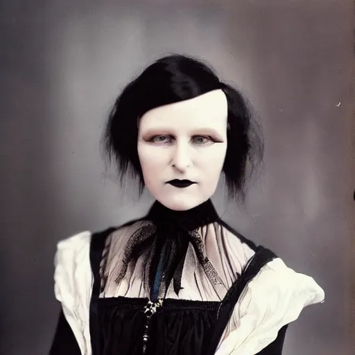 Image similar to close photo portrait of a gothic woman wearing 1 9 2 0'clothes, long hook nose, colorized