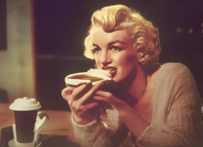 Image similar to A close-up, color cinema film still of a marlin monroe drinking coffee at a starbucks, ambient lighting at night.