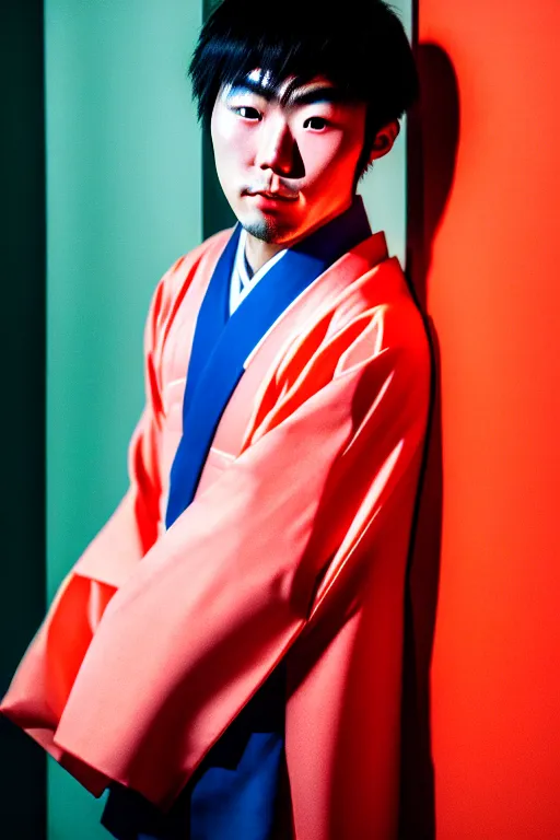 Image similar to photography masterpiece by haruto hoshi, flash photography portrait of young japanese man in kabuki cho, shot with a 3 5 mm lens aperture f / 5. 6, kodak ultramax iso 4 0 0 filmstock, subdued color, hyper realistic, octane render