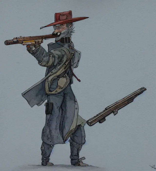 Prompt: a 3 / 4 view watercolor ink painting of an anthropomorphic bunny gunslinger posing with their revolver - rifle in the style of jean giraud in the style of moebius trending on artstation deviantart pinterest detailed realistic hd 8 k high resolution