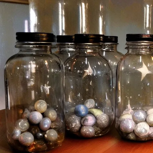 Prompt: 5 glass jars sitting on a table filled with galaxies