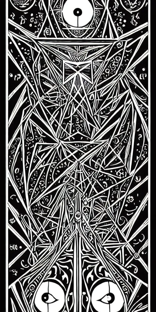 Image similar to a beautiful black and white fractal tarot card featuring bold occult imagery with clean lines. pyramids, eyeballs, lovecraft, eldritch. detailed adult coloring book