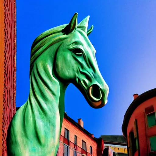 Image similar to horse head statue , background from blue to red