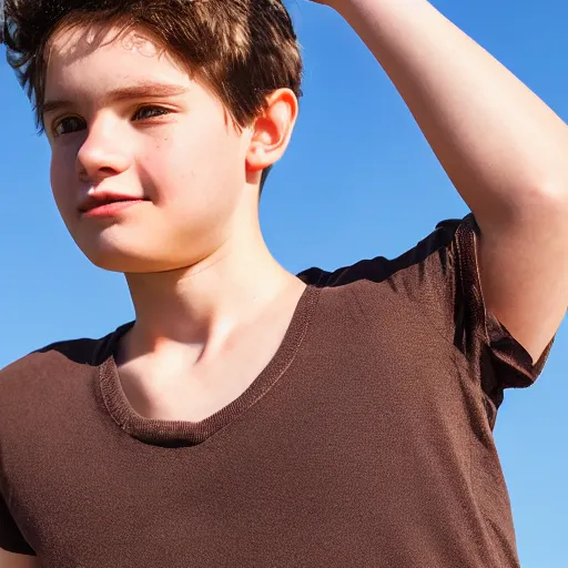 Image similar to portrait of a boy around 20 yo. Natural brown hair, net tanktop. Detailed face. Blue sky background. Foto 8K