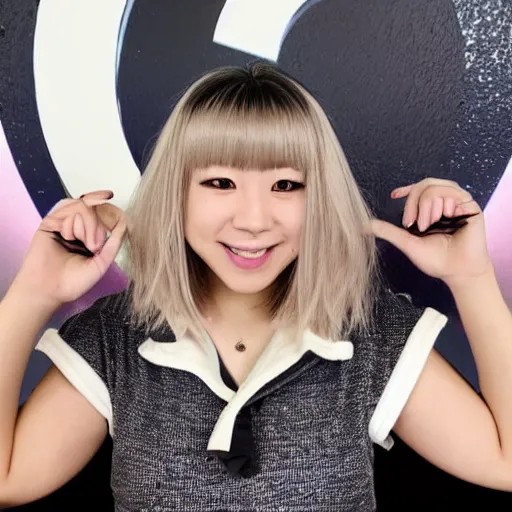 Prompt: chiaki nanami, a japanese girl with light beige hair in a bob that curls outward and bangs, a galaga hairpin, a dark turquoise hoodie, rosy cheeks, and a kind smiling face stars in her own broadway show, chiaki nanami from danganronpa, proshot getty images fullbody stage lights, gamer themed, professional photography