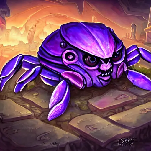 Prompt: violet fantasy crab scorpion hybrid, graveyard background, hearthstone coloring style, epic fantasy style art, fantasy epic digital art