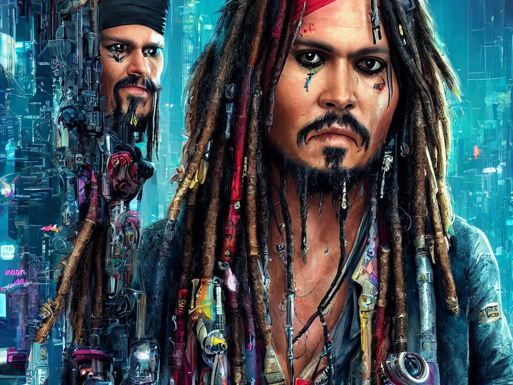 Image similar to jack sparrow in the game of cyberpunk 2 0 7 7, portrait, focus, 3 d illustration, sharp, intricate, poster