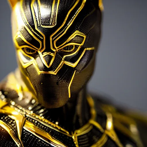 Image similar to a close up photo of a detailed golden statue of Black Panther, 8K,