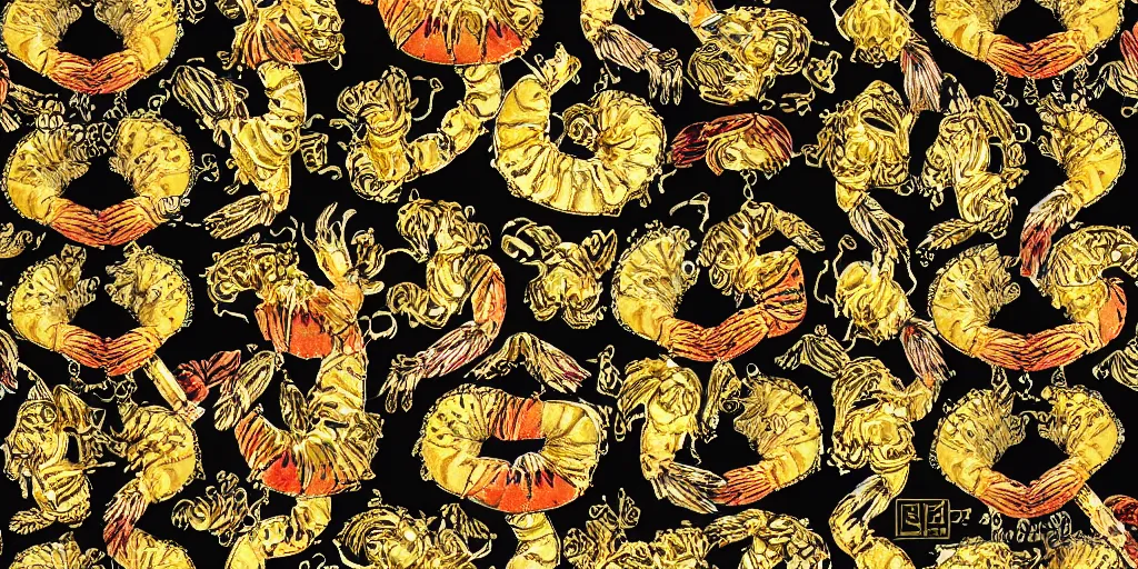 Prompt: versace gucci textile print design detailed intricate gold black tiger shrimp digital file high resolution autumn fashion