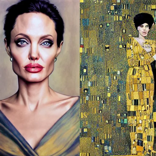 Image similar to an amazing award winning photo of angelina jolie as of adele bloch - bauer by gustav klimt