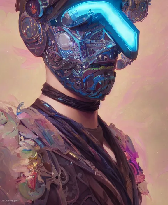 Image similar to portrait of a cyberpunk masked evil, half body, glowin eyes, d & d, fantasy, intricate, elegant, highly detailed, colorful, vivid color, digital painting, artstation, concept art, art by artgerm and greg rutkowski and alphonse mucha and ruan jia