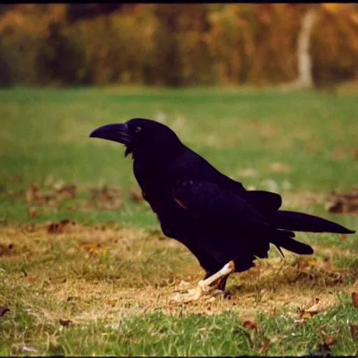 Prompt: photo of a crow eating a chicken wing, cinestill, 800t, 35mm, full-HD