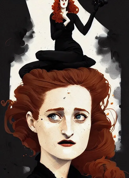 Image similar to highly detailed closeup portrait of beautiful grace gummer as dom dipierro, wavy ginger hair, black dress, by atey ghailan, by greg rutkowski, by greg tocchini, by james gilleard, by joe fenton, by kaethe butcher, gradient orange, black and white color scheme, grunge aesthetic!!! ( ( graffiti tag wall background ) )