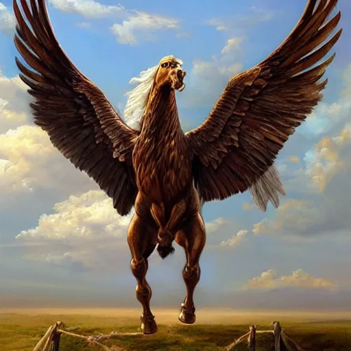 Prompt: realistic oil painting, a winged horse with an eagle head, highly detailed, trending on artstation, by james gurney and michael whelan