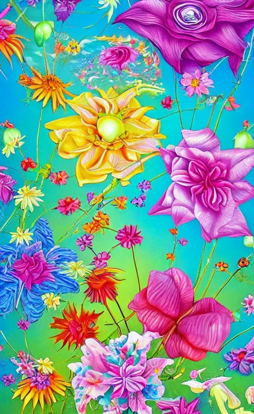 Prompt: surrealist flowers by yoko d'holbachie, lisa frank,