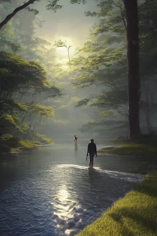 Image similar to a wholesome cottagecore illustration of a man walking on the backs of a river with his shadow flowing behind, studio Ghibli, Pixar and Disney animation, sharp, Rendered in Redshift and Unreal Engine 5 by Greg Rutkowski, Bloom, dramatic lighting