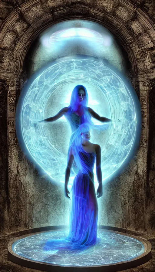 Prompt: goddess of illusion, beautiful, stunning, breathtaking, mirrors, glass, magic circle, magic doorway, fantasy, mist, bioluminescence, hyper - realistic, unreal engine, by steve argyle