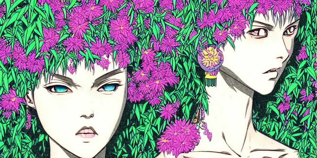 Image similar to risograph grainy drawing of neo - tokyo anime - like hero girl protagonist face, dull colors, with huge earrings, face covered with plants and flowers, by moebius and dirk dzimirsky and satisho kon, latex, close - up wide portrait, epic sad, perfect blue