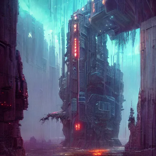Prompt: an enigmatic and terrifying painting of a cyberpunk universe by marc simonetti, greg rutkowski, ferdinand knab, colour, hyper detail, 8 k, one giant oak, universe, nebula, burst of colour, imaginary, roots, concept art, out of this world, depth, incredible depth