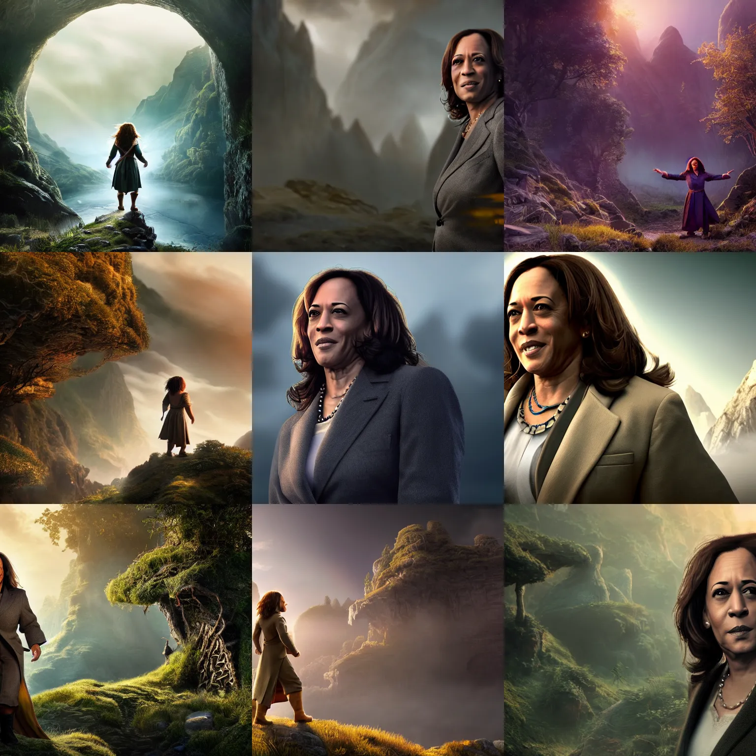 Prompt: kamala harris as a hobbit, intricate detail, volumetric lighting, epic composition, hyper detailed, ultra realistic, sharp focus, octane render, volumetric, ray tracing, sense of awe, swirling mist, 4 k