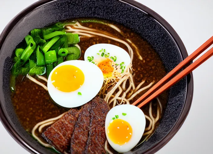 Image similar to dslr food photograph of tankatsu black ramen with a soft boiled egg, 8 5 mm f 1. 8