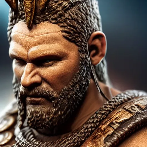 Image similar to of a 3d clay model of a viking from valhalla, wearing the horned helmet ultra fine detail, hair strands, ultra high resolution, fine texture detail, miniature painting techniques, perfect proportions, marvel cinematic universe, eric bana