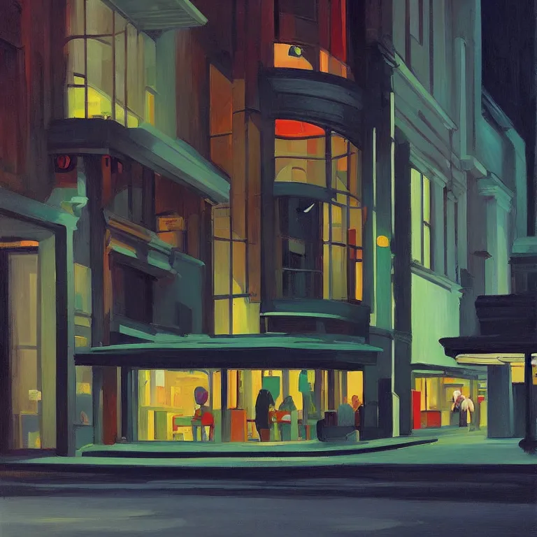 Image similar to dark city all stores cloded, except one, painted by Edward Hopper and James Gilleard, oil painting