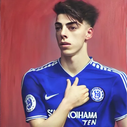 Image similar to attractive kai havertz wearing blue chelsea shirt by ruan jia, portrait