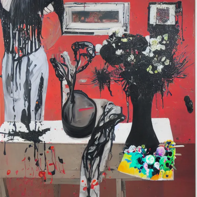 Image similar to empty room with black walls, sensual portrait of a female pathologist, broken vase, spilled flowers, puddle of water, octopus, squashed berries, neo - expressionism, surrealism, acrylic and spray paint and oilstick on canvas