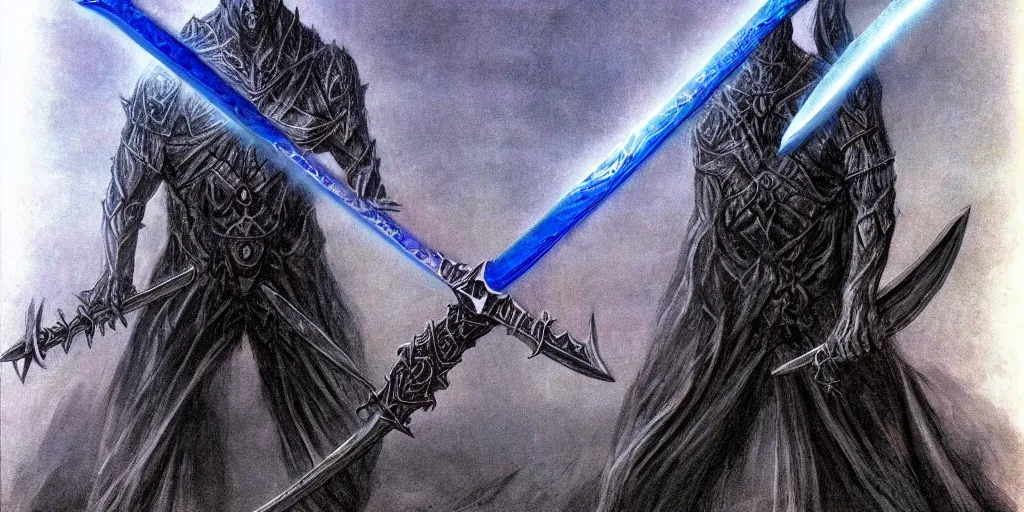 Image similar to Demonic sword in full length with blue glowing runes and eyes on the blade. In the dark, glowing ominously. In style of Beksinski, concept art, highly detailed.