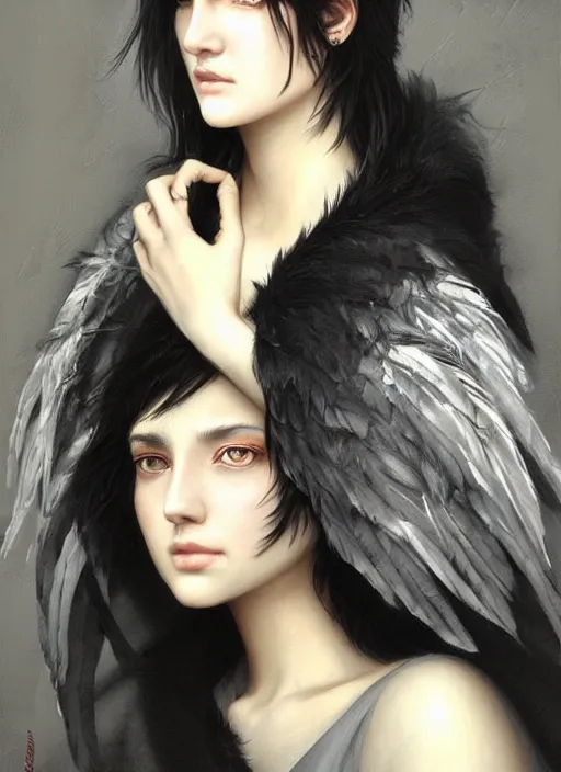 Image similar to a teenage girl with very short black hair and a huge cloak made of grey and black feathers. beautiful highly detailed face. beautiful painting by artgerm and greg rutkowski and raymond swanland, portrait