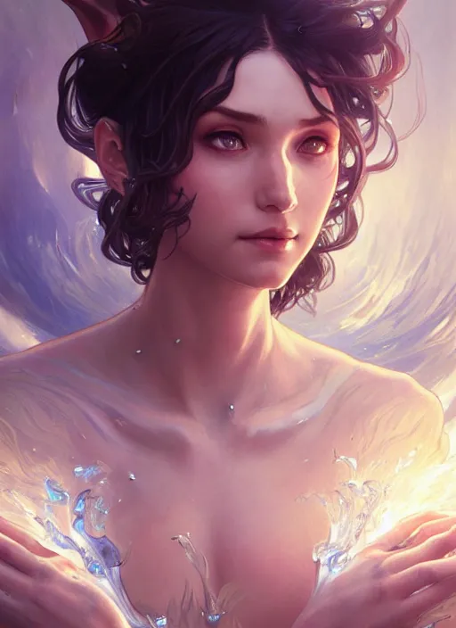 Image similar to summoner with a cute water elemental, fantasy, intricate, elegant, highly detailed, digital painting, artstation, concept art, wallpaper, smooth, sharp focus, illustration, art by artgerm and greg rutkowski and alphonse mucha