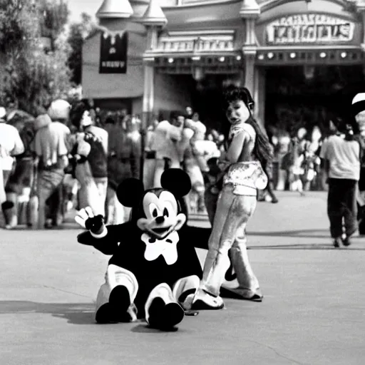 Prompt: the Mickey Mouse character at Disneyland beating up a child