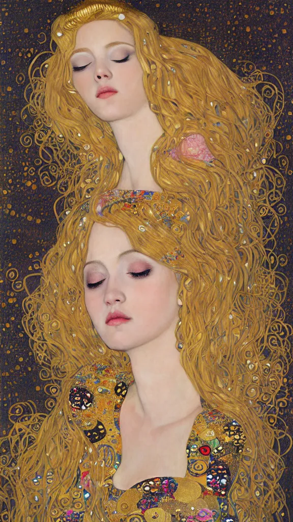 Image similar to a soft and breathtaking detailed painting of a full body sleeping blonde princess in the style of Gustav Klimt, blonde hair, shiny gold, elegant, highly detailed, artstation, fluo colors, concept art, matte, sharp focus, art by Gustav Klimt