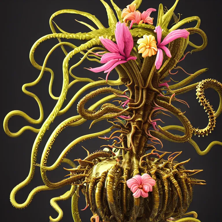 Image similar to still life of black xenomorph, beautiful pastel color tropical flowers, glossy metallic human spine, spiky tentacles, tropical fruit, human body parts, colorful mold, baroque painting, beautiful detailed intricate insanely detailed octane render, 8K artistic photography, photorealistic, perfect composition, golden ratio, chiaroscuro, Raphael, Caravaggio