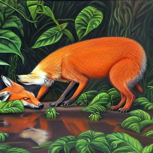 Image similar to beautiful lifelike painting of a fox chewing its own tail, hyperreal detailed facial features and uv lighting, art by ed roth and basil wolverton