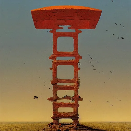 Image similar to A beautiful painting of A Torii over a plain by Zdzisław Beksiński and Ilya Repin,In style of Post-Apocalyptic.digital art, illustration,hyper detailed,smooth, sharp focus,trending on artstation,oil on the canvas,4k