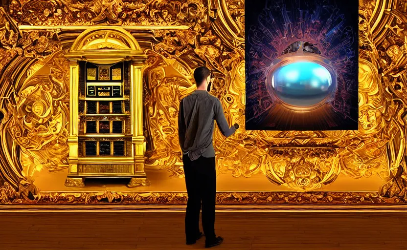 Image similar to A person standing in front of a giant baroque computer asking it to generate an image of what they are about to say, fantasy, digital art, golden hours, dramatic, ornate, manga