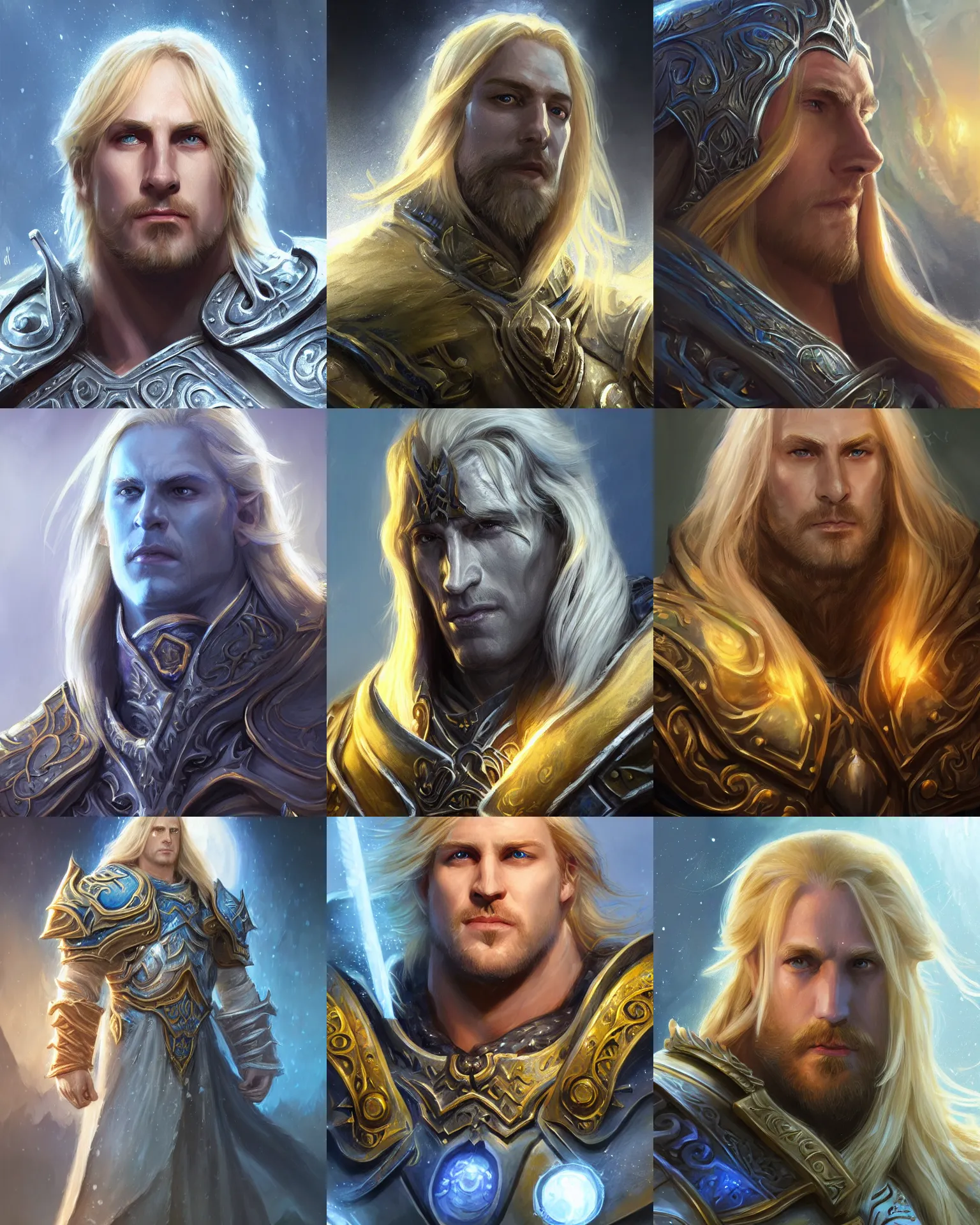 Prompt: portrait of arthas menethil blonde from warcraft, fantasy, intricate, sharp focus, lens flare, bloom, rim light, illustration, highly detailed, digital painting, concept art, art by ruan jia. front view
